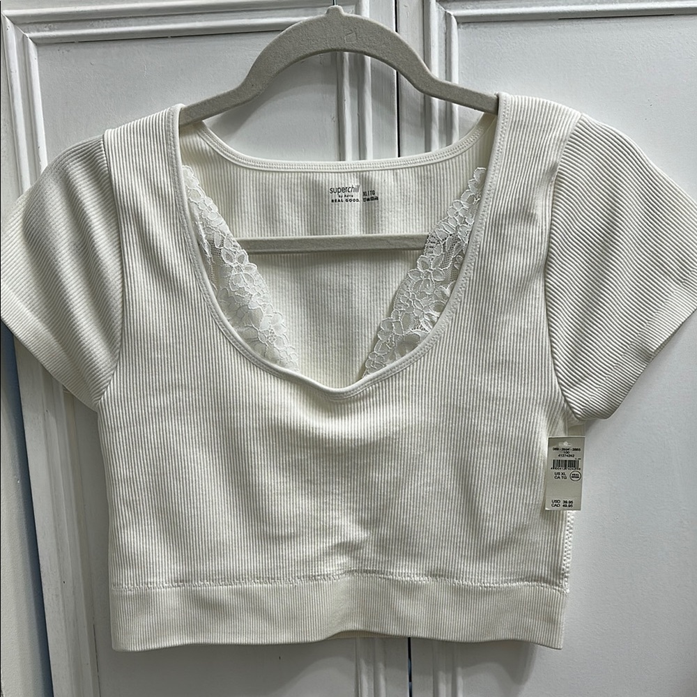 Aerie White Lace Detail Crop Top